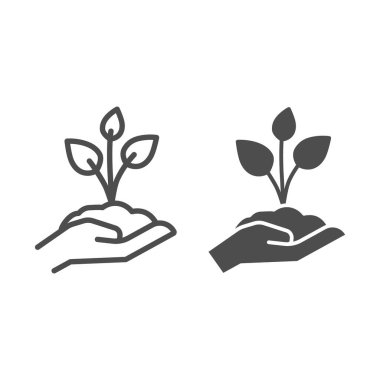 El çizgisi üzerinde üç yaprak ve sağlam bir ikon olan genç filiz, doğa kavramını kaydedin, insan palmiyesinin üzerinde bir avuç toprak filizlensin beyaz arka planda, genç bitki ikonu, ana hatlar tarzı. Vektör grafikleri.