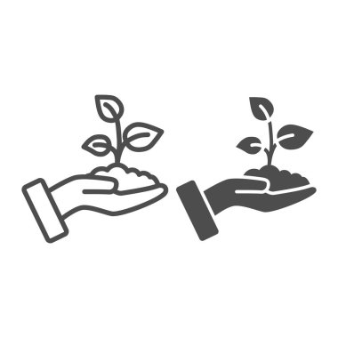 El çizgisi ve sağlam bir ikon, doğa konseptini kaydet, beyaz arka planda filizlenme sembolü, insan eliyle simgelenmiş üç yapraklı genç büyüme mobil konsept için taslak tarzı. Vektör grafikleri.