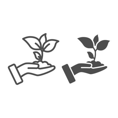 İlgili el çizgisi yaprakları ve katı ikonu olan tohumlama bitkisi, tarım kavramı, beyaz arka planda filizlenen sembol, insan palmiyesinde ana hatları belirlenmiş toprak ikonu filizlenmesi. Vektör grafikleri.