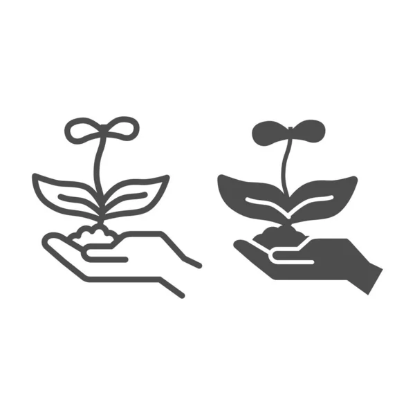 Jonge bloem met twee bloemblaadjes in de hand lijn en solide pictogram, natuur concept, lente bloesem teken op witte achtergrond, Hand houden groeiende bloem met bodem pictogram in omtrek stijl. vectorgrafieken. — Stockvector