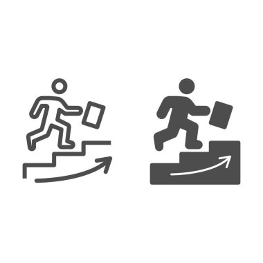 Adam merdivenleri tırmanıyor ve sağlam bir ikon, iş stratejisi konsepti, bavullu bir iş adamı beyaz arka planda tırmanma merdiveni tabelası, ana hatlarıyla kariyer sembolü. Vektör grafikleri.