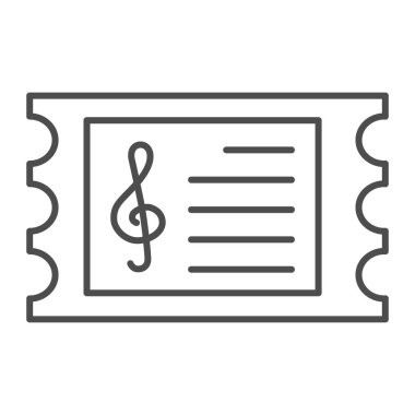 Müzik konseri bileti ince çizgi ikonu, müzik festivali konsepti, beyaz arka planda davetiye işareti, mobil tasarım için anahtar ikonu ile konser davetiyesi. Vektör grafikleri.