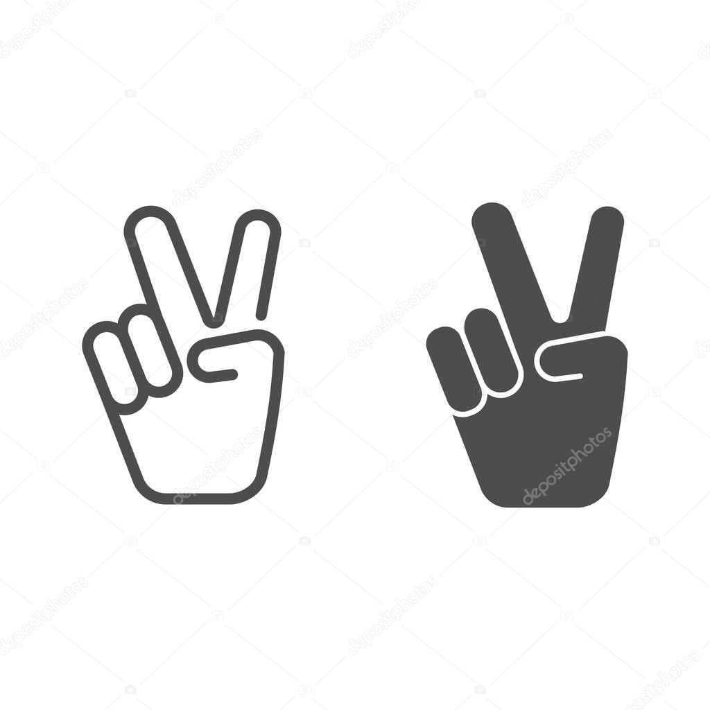 Hand shows victory sign line and solid icon, hand gestures concept, victory sign on white background, Peace hand gesture icon in outline style for mobile concept and web design. Vector graphics.