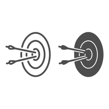 İki ok hedefi vurdu ve katı ikon, pazarlama stratejisi kavramı, beyaz zemin üzerinde ok işareti olan oklar, ana simge merkezinden çıkan iki ok. Vektör grafikleri.