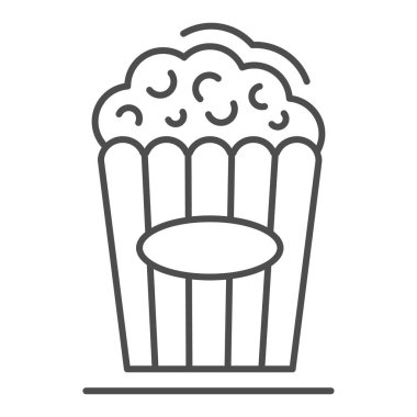 Patlamış mısır, ince çizgi ikonu, sinema konsepti, beyaz arka planda sinema yemek tabelası, çizgili kutu ikonu içinde patlamış mısır mobil konsept ve web tasarımı için tasarım. Vektör grafikleri.