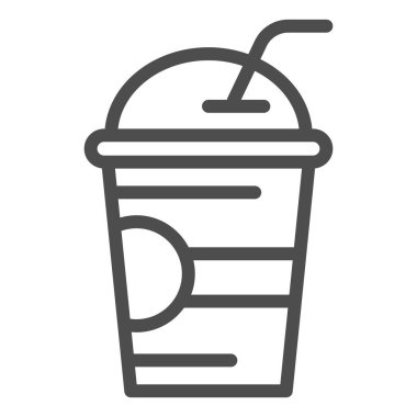 Milkshake çizgisi ikonu, ferahlatıcı içecek konsepti, beyaz arka planda bardakta süt kokteyli tabelası, mobil ve web tasarımı için ana hatlarıyla saman ikonu olan buzlu içecek. Vektör grafikleri.