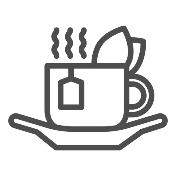 Cup av grön te linje ikon, drycker koncept, Cup te med te väska och färska blad tecken på vit bakgrund, Varm dryck i kopp på tallrik ikon i kontur stil för mobil. Vektorgrafik. — Stock vektor