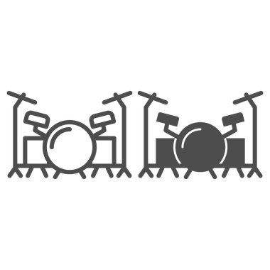 Davul hattı ve sağlam ikon, müzik festivali konsepti, beyaz arka planda bateri seti işareti, mobil konsept ve web tasarımı için ana hatlı davul seti simgesi. Vektör grafikleri.
