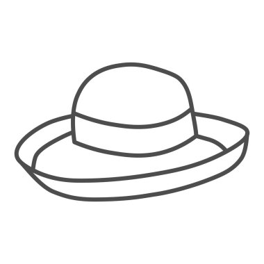 Yaz şapkası ince çizgi ikonu, yaz kıyafetleri konsepti, beyaz arka planda kız plajı güneş şapkası tabelası, mobil konsept ve web tasarımı için ana hatlı aksesuar ikonu. Vektör grafikleri.