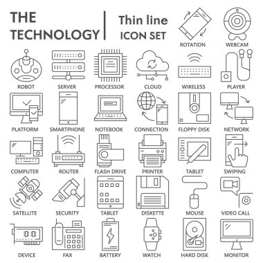Teknoloji ince çizgi simgesi seti, ağ ve sosyal medya sembolleri koleksiyonu veya çizimleri. Ağ ve uygulama için elektronik doğrusal işaretler. Beyaz arkaplanda izole edilmiş vektör grafikleri.