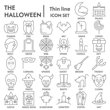 Cadılar Bayramı partisinin ince çizgi ikonu seti, geleneksel sonbahar bayramı sembolleri koleksiyonu veya çizimleri. Azizler Günü arifesi ağ ve uygulama için doğrusal tabela. Beyaz arkaplanda izole edilmiş vektör grafikleri.