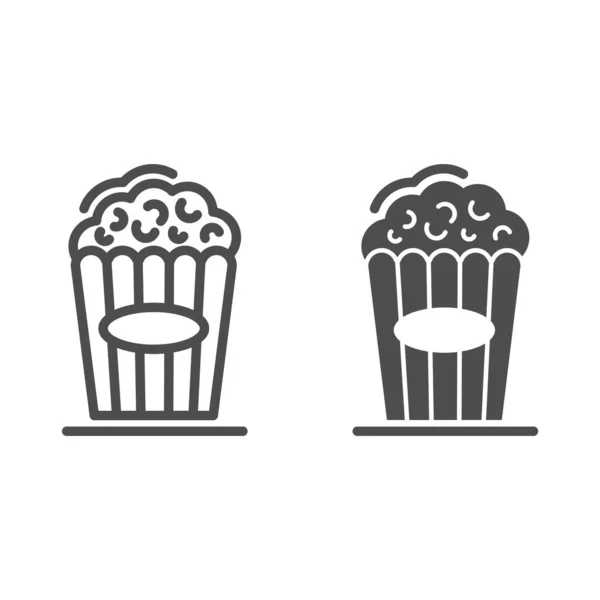 Línea de palomitas de maíz e icono sólido, concepto de cine, signo de comida de cine sobre fondo blanco, palomitas de maíz en un icono de caja rayada en estilo de esquema para el concepto móvil y el diseño web. Gráficos vectoriales . — Archivo Imágenes Vectoriales