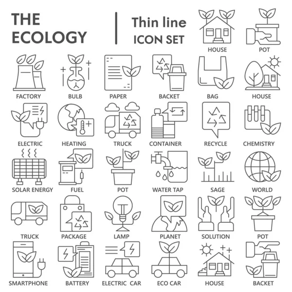 Ecologie dunne lijn pictogram set, groene energie symbolen collectie of schetsen. Recycle lineaire stijl borden voor web en app. Vectorafbeeldingen geïsoleerd op witte achtergrond. — Stockvector