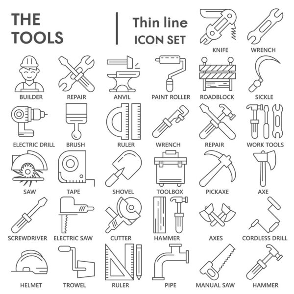 Tools thin line icon set, repair equipment symbols collection or sketches. Working tools linear style signs for web and app. Vector graphics isolated on white background.