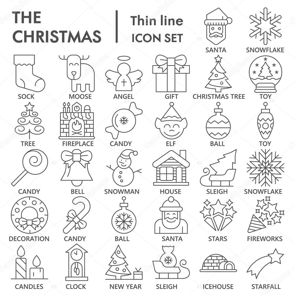 Christmas thin line icon set, New Year symbols collection or sketches. Winter holidays linear style signs for web and app. Vector graphics isolated on white background