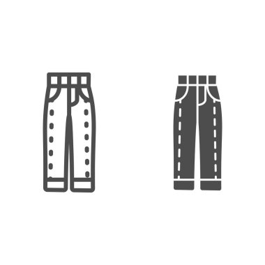 Kotlar ve katı ikon, günlük kıyafet konsepti, beyaz arka planda erkek kot pantolon veya pantolon tabelası, mobil konsept ve web tasarımı için ana hatlı kot pantolon ikonu. Vektör grafikleri.