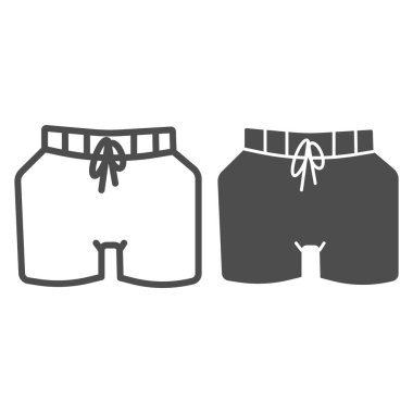 Erkekler plaj şortu hattı ve katı ikon, kıyafet konsepti, beyaz arka planda yüzme giysisi tabelası, mobil konsept ve web tasarımı için ana hatlı yüzme şortu ikonu. Vektör grafikleri.