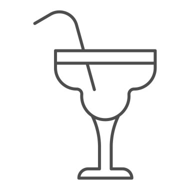 Margarita kokteyli, ince çizgi ikonu, alkol içecekleri konsepti, beyaz arka planda kokteyl tabelası, cep telefonu stilinde margarita bardakta alkollü kokteyl. Vektör grafikleri.
