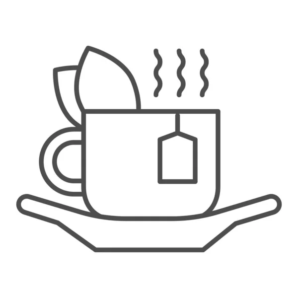 Чашка зеленого чая тонкой линии значок, напитки концепция, чашка чая с пакетиком и свежие листья знак на белом фоне, горячий напиток в чашке на листе значок в набросок стиль для мобильных. Векторная графика . — стоковый вектор