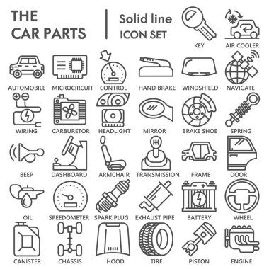Araba parçaları çizgi simgesi seti, araç tamir sembolleri koleksiyonu veya çizimler. Arabanın içinde ve dışında ağ ve uygulama için doğrusal stil işaretleri var. Beyaz arkaplanda izole edilmiş vektör grafikleri.