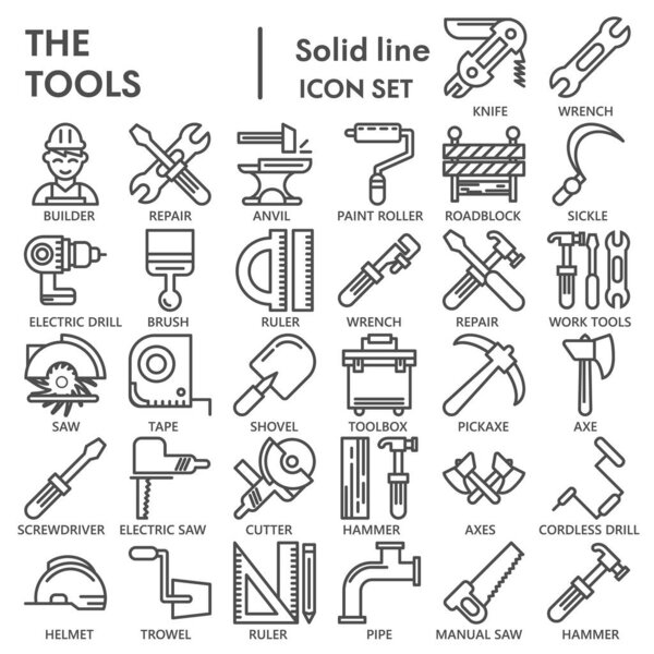 Tools line icon set, repair equipment symbols collection or sketches. Working tools linear style signs for web and app. Vector graphics isolated on white background.