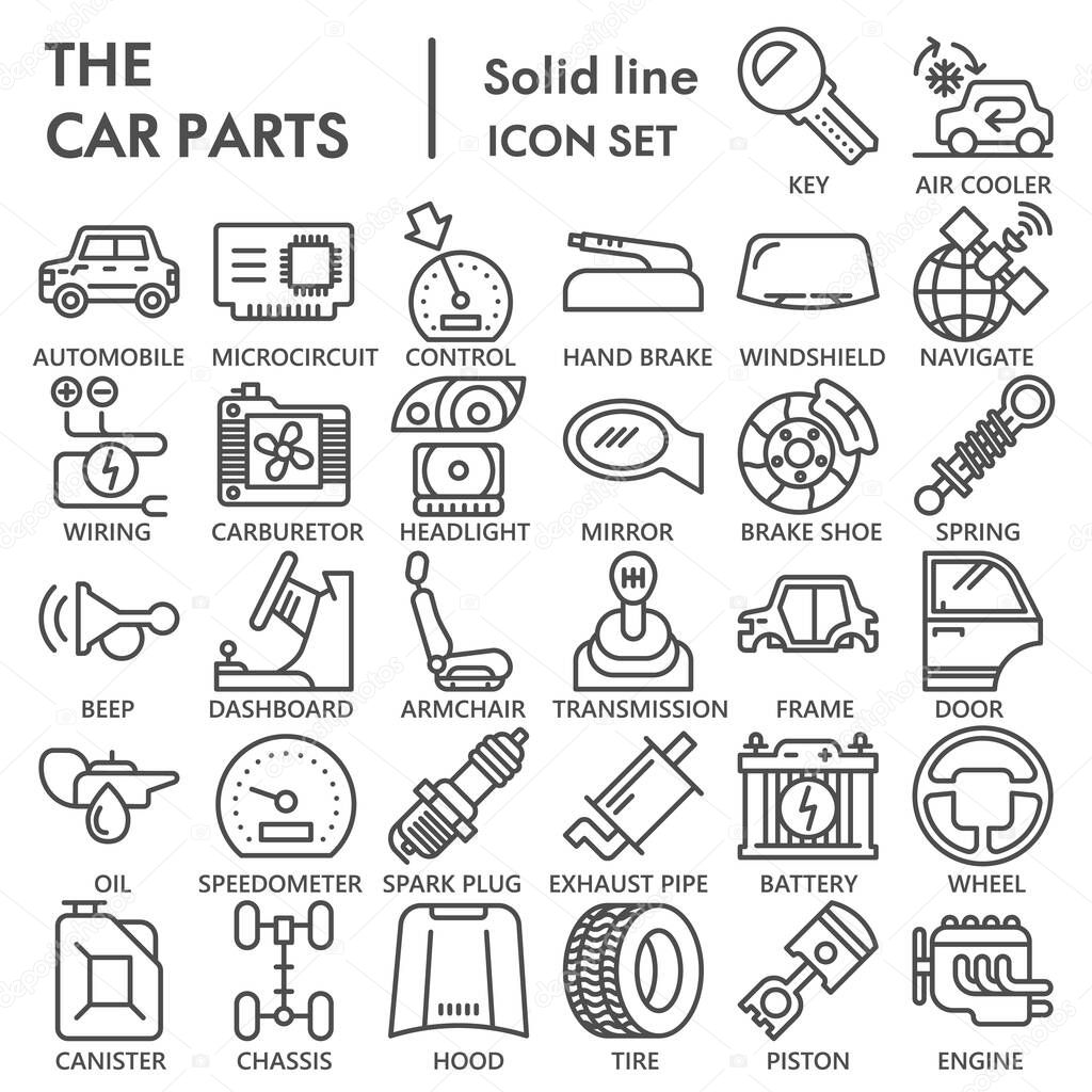Car parts line icon set, vehicle repairing symbols collection or sketches. Car inside and outside linear style signs for web and app. Vector graphics isolated on white background