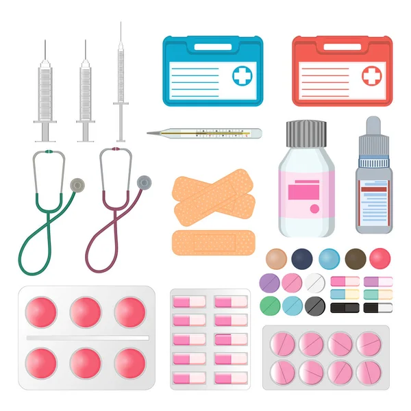 Κουτί πρώτων βοηθειών ιατρικά εργαλεία και φάρμακα. Κουτί πρώτων βοηθειών με ιατρικό εξοπλισμό και φάρμακα για καταστάσεις έκτακτης ανάγκης. Ιατρικό κουτί πρώτων βοηθειών με διαφορετικά χάπια και θεραπείες. Εικονογράφηση διανύσματος. — Διανυσματικό Αρχείο