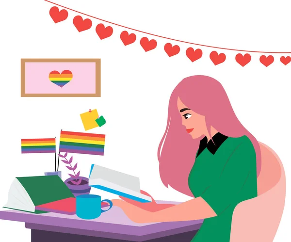Jong mooi meisje zit thuis in een fauteuil en leest boek aan tafel met verschillende LGBT symbolen. Jong lesbisch met boek, regenboog kleuren vlaggen en LGBT harten aan het bureau. LGBT-concept. Vectorillustratie. — Stockvector
