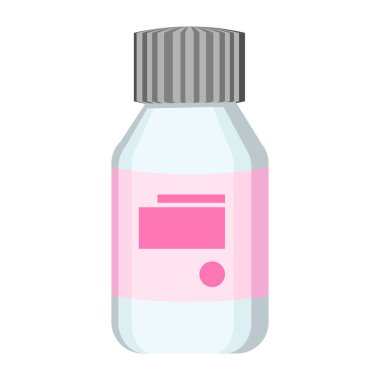 Beyaz arka plandaki haplar için plastik kap. Üzerinde pembe çıkartma olan ilaç şişesi. Tıbbi konsept. İlaç için ilaç şişesi. Vektör illüstrasyonu.