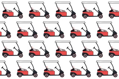 Red colored golf cart pattern on a white background. Electric golf car pattern. Vector illustration. Golf equipment, branding package, fabric print, wallpaper.