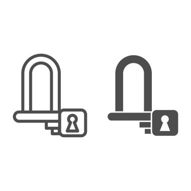 Tekerlek kilit hattı ve sağlam ikon, bisiklet aksesuarları konsepti, beyaz arka planda tekerlek tabelası için asma kilit, mobil konsept ve web tasarımı için ana hatlı bisiklet kilidi simgesi. Vektör grafikleri.