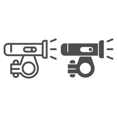 Bisiklet hattı için el feneri ve katı ikon, bisiklet aksesuarları konsepti, beyaz arka planda bisiklet ışığı tabelası, mobil konsept için ana hatlı bisiklet fener ikonu, web tasarımı. Vektör grafikleri.