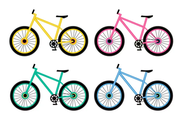 Motos amarillas, rosadas, verdes y azules sobre fondo blanco. Conjunto de cuatro bicicletas. Concepto de transporte urbano económico y ecológico. Ilustración vectorial . — Archivo Imágenes Vectoriales