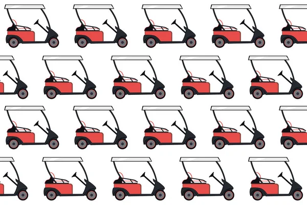 Patrón de carrito de golf de color rojo sobre un fondo blanco. Patrón de coche de golf eléctrico. Ilustración vectorial. Equipo de golf, paquete de marca, impresión de tela, papel pintado . — Archivo Imágenes Vectoriales