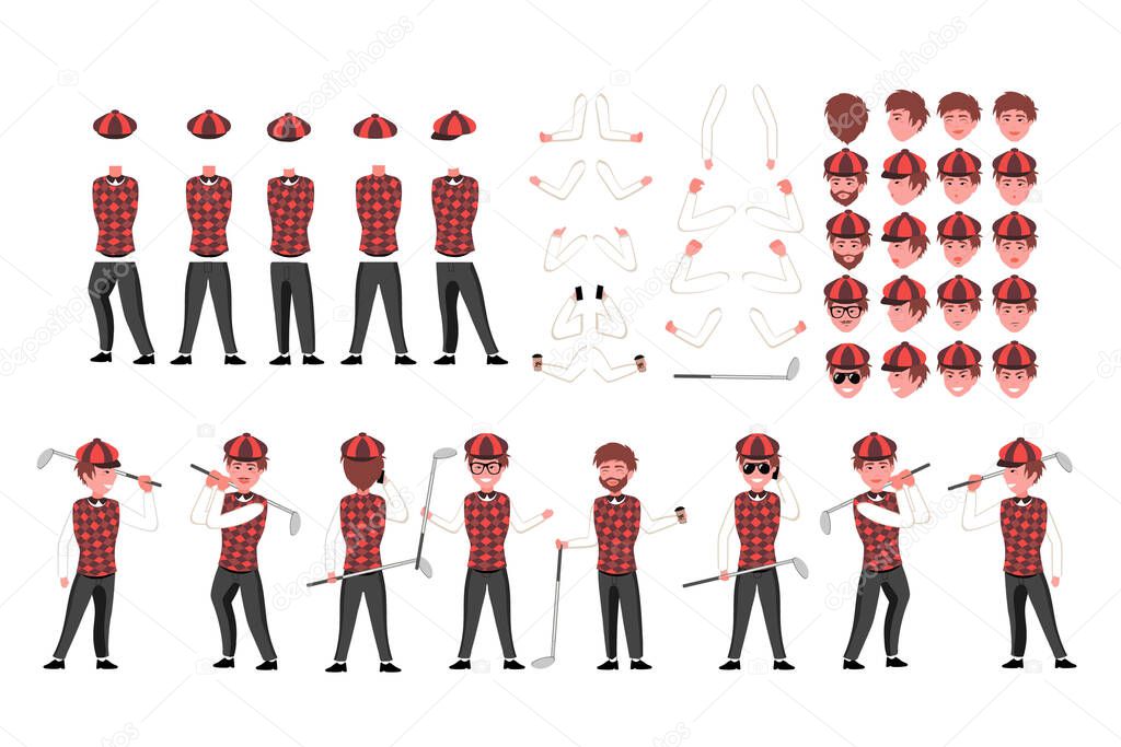 Golfer character constructor. Man golfer creation set. Different equipments, postures, emotions, body parts and clothes collection. Vector cartoon illustration. Front, side, back view.