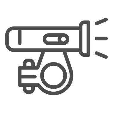 Bisiklet hattı simgesi için el feneri, bisiklet aksesuarları konsepti, beyaz arka planda bisiklet ışığı tabelası, mobil konsept için ana hatlı bisiklet fener ikonu, web tasarımı. Vektör grafikleri.