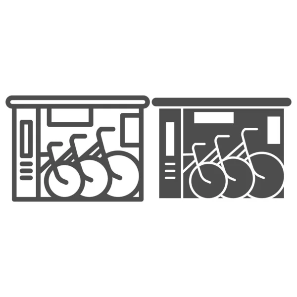 Ligne de magasin de vélo et icône solide, concept de sport en plein air, magasin de vélo et panneau de service sur fond blanc, icône de logo de magasin de service de vélo dans le style de contour pour concept mobile et web. Graphiques vectoriels. — Image vectorielle