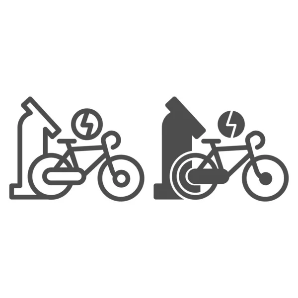 Elektrikli bisiklet şarj noktası çizgisi ve katı ikon, açık hava spor konsepti, beyaz arka planda bisiklet şarj istasyonu tabelası, mobil için kendi kendine hizmet veren bisiklet noktası simgesi. Vektör grafikleri. — Stok Vektör