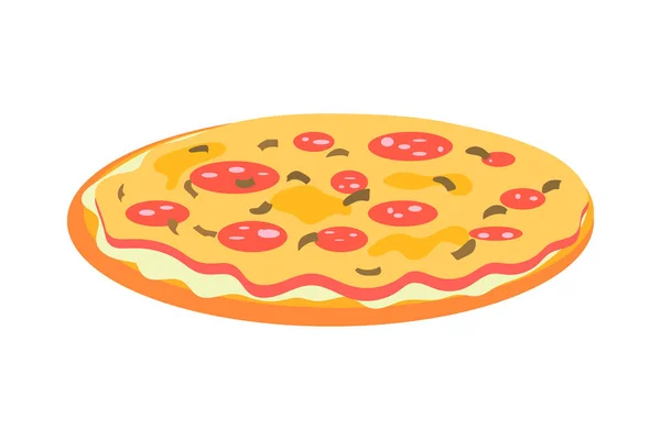Pizza met salami en kaas op witte achtergrond. Traditioneel Italiaans fastfood. Lekker fastfood concept. Vectorillustratie. — Stockvector