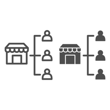 Mağaza ve tüketiciler hattı ve katı ikon, pazar konsepti, dükkan ve müşteriler beyaz arka planda imza atar, mobil konsept ve web tasarımı için ana hatlı olarak müşteri ağı simgesini saklarlar. Vektör grafikleri.