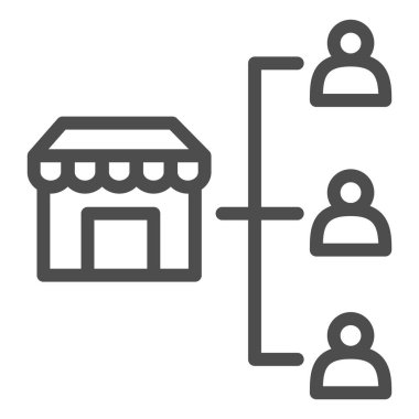 Mağaza ve tüketicilerin çizgi simgesi, pazar konsepti, dükkan ve müşteriler beyaz arka planda imza atar, mobil konsept ve web tasarımı için ana hatlı olarak müşteri ağı simgesini saklarlar. Vektör grafikleri.