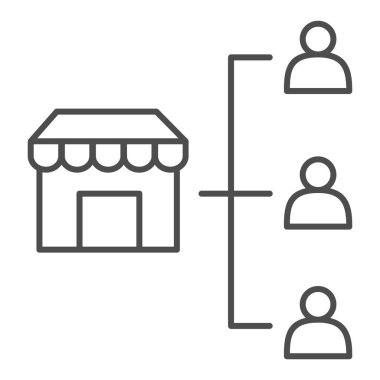 Mağaza ve tüketiciler ince çizgi simgesi, pazar konsepti, dükkan ve müşteriler beyaz arka planda imza atar, mobil konsept ve web tasarımı için ana hatlı olarak müşteri ağı simgesini saklarlar. Vektör grafikleri.