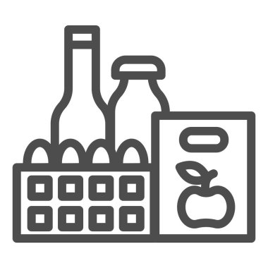Ürün çizgisi ikonu, market alışverişi konsepti, beyaz arka planda satın alma ürünleri tabelası, süpermarket şişeleri, yumurta ve meyve ikonu mobil ve web için ana hatlı. Vektör grafikleri.