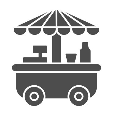Tekerlekler üzerindeki sokak tezgahı sağlam ikon, pazar konsepti, beyaz arka planda sokak satışı tabelası, mobil ve web için sembol şeklinde tente ikonu olan Fast Street Food cart. Vektör grafikleri.