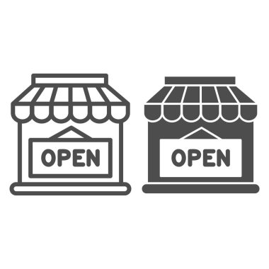 Açık dükkan çizgisi, sağlam ikon, pazar konsepti, beyaz arka planda açık tabela olan mağaza, mobil konsept ve web tasarımı için tabela açık simge şeklinde mağaza. Vektör grafikleri.