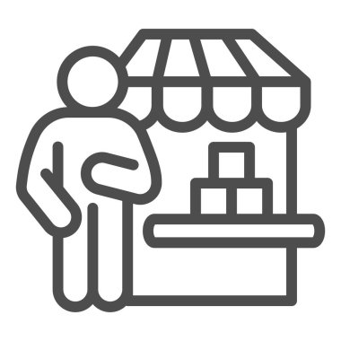 Mağaza satışı ikonu, pazar konsepti, beyaz arka planda alışveriş kutuları olan alışverişçi, mobil konsept ve web tasarımı için mağaza ikonu kullanan müşteri. Vektör grafikleri.