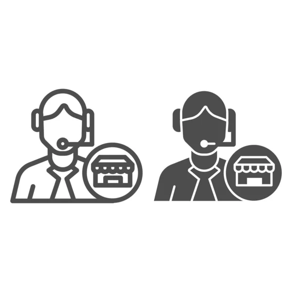 Online consultant en winkel symbool lijn en solide pictogram, marktconcept, internet shopping sign op witte achtergrond, mannelijke exploitant van online winkel met headset pictogram in omtrek stijl. vectorgrafieken. — Stockvector