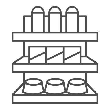 İnce çizgi simgesi, pazar konsepti, beyaz zemin üzerinde çeşitli ürün tabelaları olan mağaza rafları, cep telefonu ve internet için ana hatlı süpermarket raf simgesi. Vektör grafikleri.