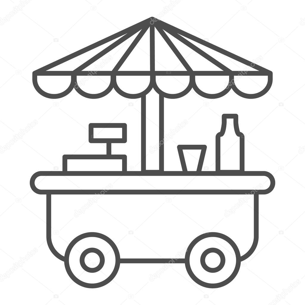 Street stall on wheels thin line icon, market concept, Street sale cart sign on white background, Fast street food cart with awning icon in outline style for mobile and web. Vector graphics