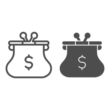 Dolar çizgisi ve sağlam bir ikona sahip Retro cüzdan, para konsepti, beyaz arka planda çanta işareti, cep telefonu konsepti ve web tasarımı için ana hatlı para ikonu için retro çanta. Vektör grafikleri.